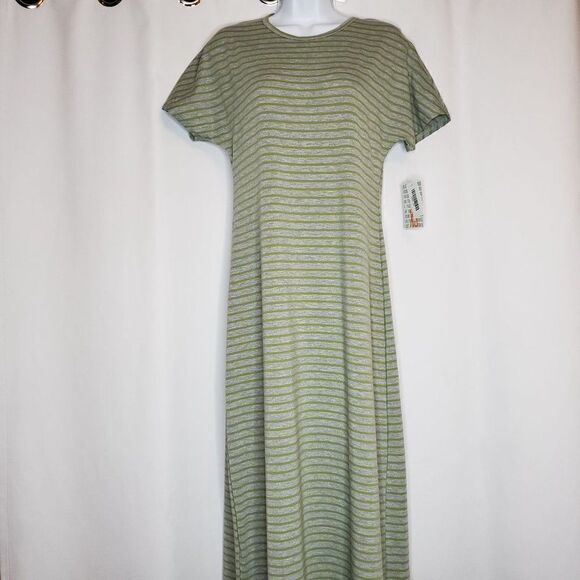 NEW Lularoe Stripe Maria Maxi Dress Sz XS Green Gray T-Shirt Dress - Picture 1 of 5